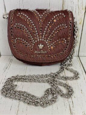 Bono Rocks Brown‎ Cowhide Rhinestone Embellished Fur Crossbody/Belt Bag